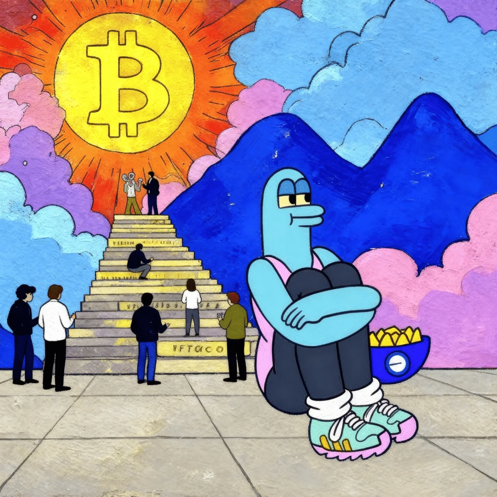 WAODAO NFT #1128 artwork with Bitcoin sun, people and a blue character