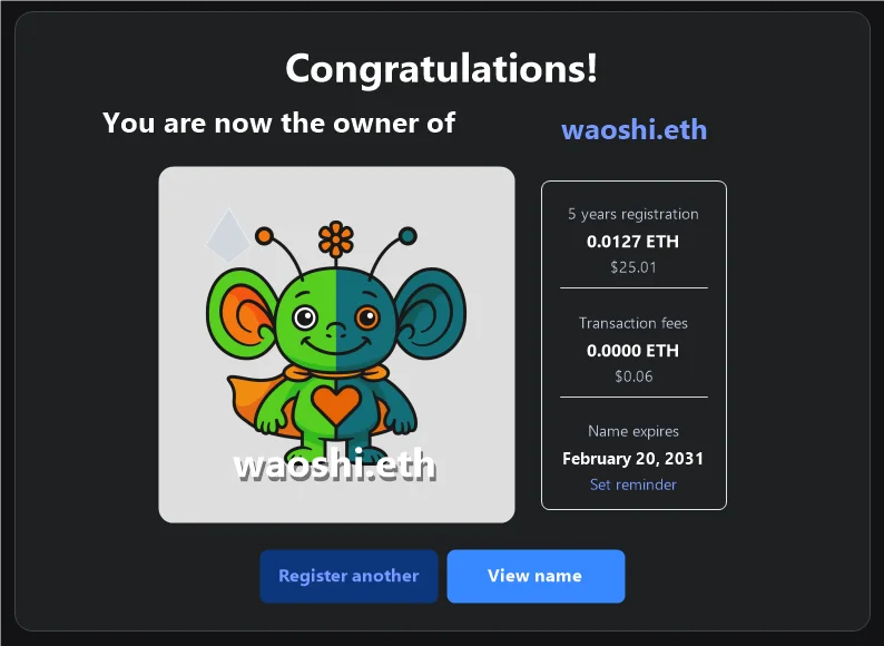 WAOSHI waoshi.eth ownership card